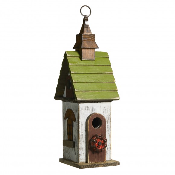 glitzhome Glitzhome 15.75"H White and Green Distressed Solid Wood Decorative Outdoor Garden Birdhouse