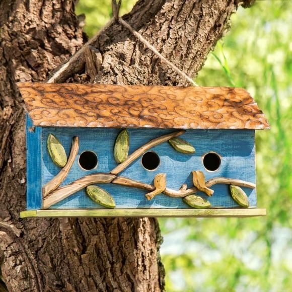 Glitzhome Glitzhome 15.75"L Oversized Washed Blue Distressed Solid Wood Cottage Birdhouse With 3D Tree And Birds
