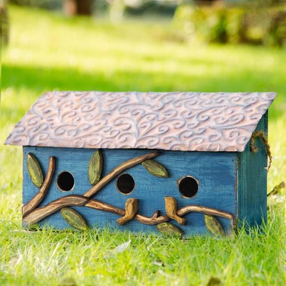 Glitzhome Glitzhome 15.75"L Oversized Washed Blue Distressed Solid Wood Cottage Birdhouse With 3D Tree And Birds