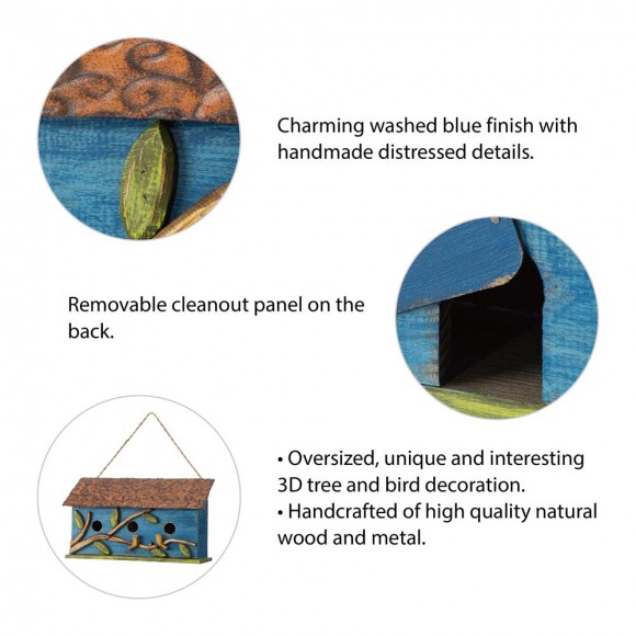 Glitzhome Glitzhome 15.75"L Oversized Washed Blue Distressed Solid Wood Cottage Birdhouse With 3D Tree And Birds