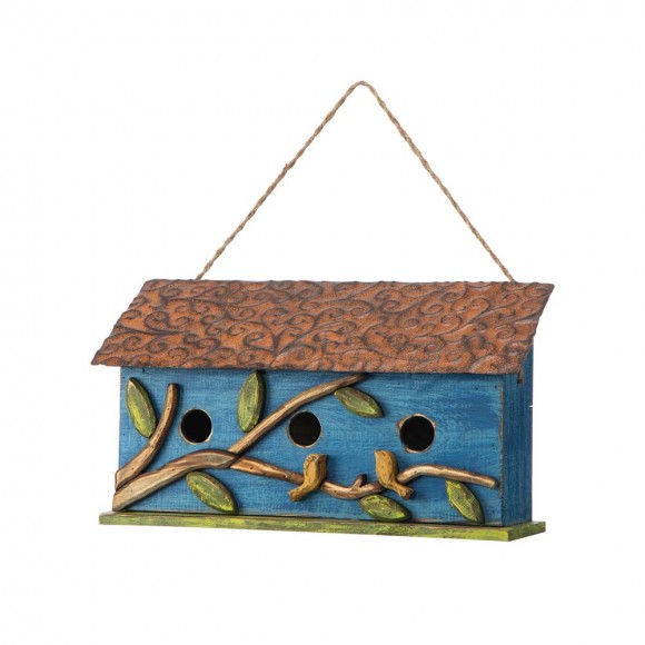 glitzhome Glitzhome 15.75"L Oversized Washed Blue Distressed Solid Wood Cottage Birdhouse with 3D Tree and Birds