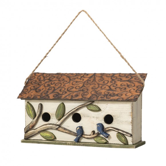 glitzhome Glitzhome 15.75"L Oversized Washed White Distressed Solid Wood Cottage Birdhouse with 3D Tree and Bird