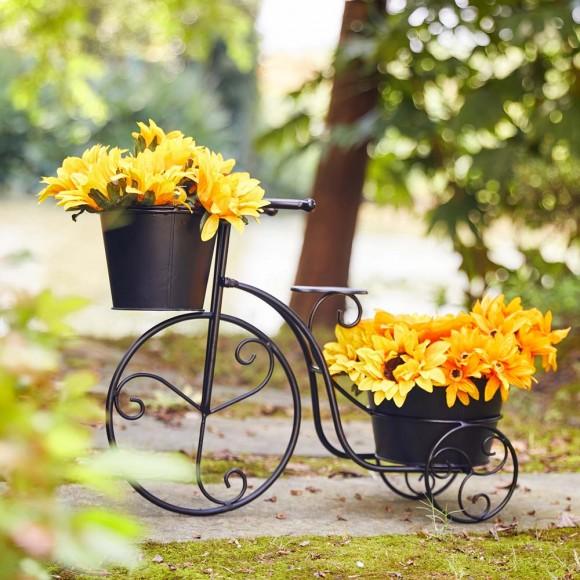 Glitzhome Glitzhome 15"H Hand Painted Black Metal Standing Bicycle Plant Stand