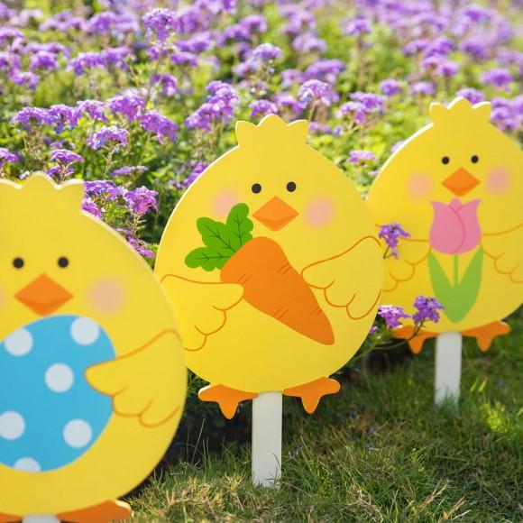 Glitzhome Glitzhome 15"H Set Of 3 Easter Wooden Chick Pick/Yard Stake
