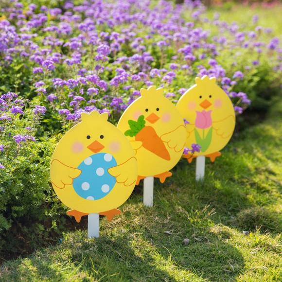 Glitzhome Glitzhome 15"H Set Of 3 Easter Wooden Chick Pick/Yard Stake