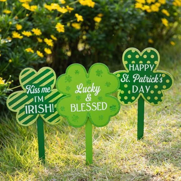 Glitzhome Glitzhome 15"H Set Of 3 St. Patrick's Day Wooden Shamrocks Yard Stakes