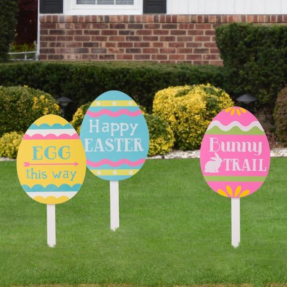Glitzhome Glitzhome 15"H Wooden Easter Egg Yard Stake Set Of 3