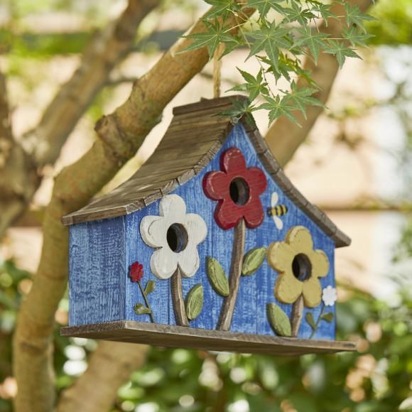 Glitzhome Glitzhome 15"L Oversized Washed Blue Distressed Solid Wood Three-Story Villa Decorative Outdoor Garden Birdhouse With 3D Flowers
