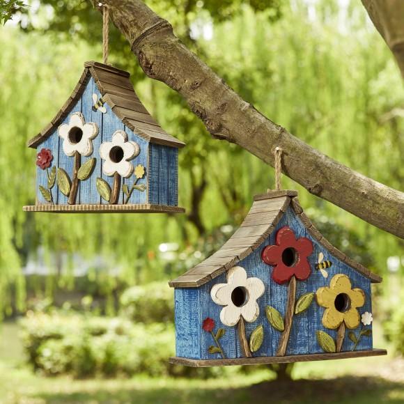 Glitzhome Glitzhome 15"L Oversized Washed Blue Distressed Solid Wood Three-Story Villa Decorative Outdoor Garden Birdhouse With 3D Flowers