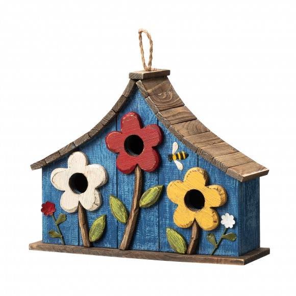 glitzhome Glitzhome 15"L Oversized Washed Blue Distressed Solid Wood Three-Story Villa Decorative Outdoor Garden Birdhouse with 3D Flowers