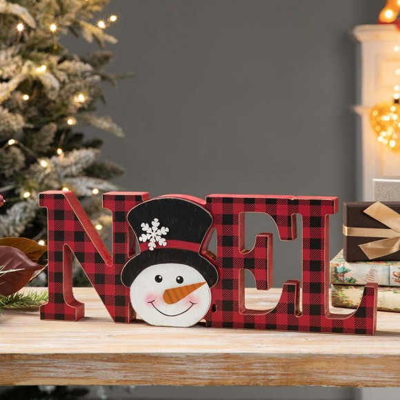 Glitzhome Glitzhome 15"L Wooden Christmas Plaid "NOEL" Table Decor