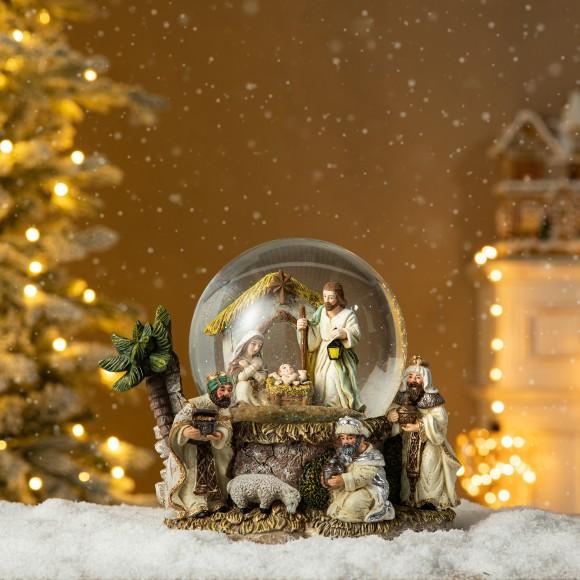 Glitzhome Glitzhome 150mm Christmas Oversized Resin Lighted Musical Snowflakes Nativity Scene Waterglobe