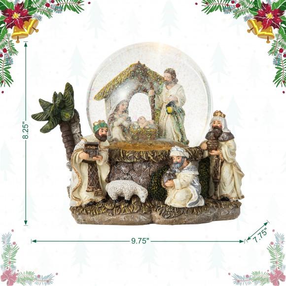 Glitzhome Glitzhome 150mm Christmas Oversized Resin Lighted Musical Snowflakes Nativity Scene Waterglobe
