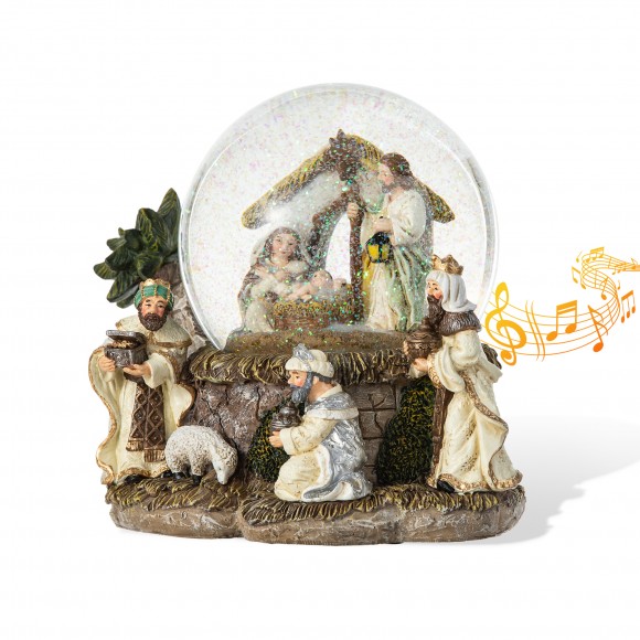 glitzhome Glitzhome 150mm Christmas Oversized Resin Lighted Musical Snowflakes Nativity Scene Waterglobe
