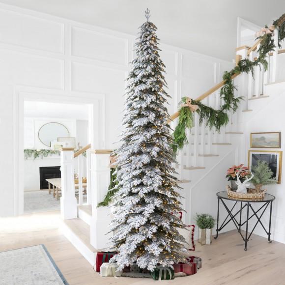 Glitzhome Glitzhome 15ft Pre-Lit Flocked Pencil Spruce Artificial Christmas Tree With 1400 Warm White Lights Simple Setup
