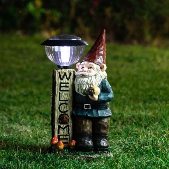 Glitzhome Glitzhome 16.25"H Polyresin Gnome Welcome Garden Statue With Solar Powered Lamp Post