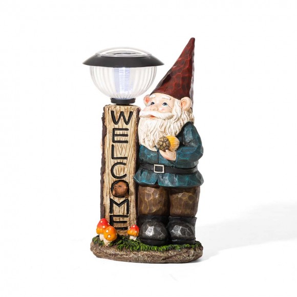 glitzhome Glitzhome 16.25"H Polyresin Gnome Welcome Garden Statue with Solar Powered Lamp Post