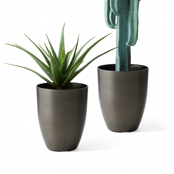 Glitzhome Glitzhome 16.75"H Set Of 2 Black Eco-Friendly Resin And Stone Faux Brushed Steel Texture Tall Planter