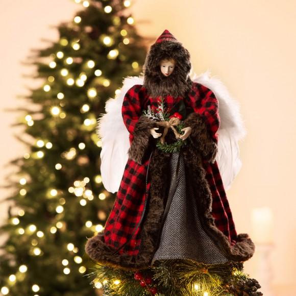 Glitzhome Glitzhome 16"H Christmas Red Plaid Angel Tree Topper