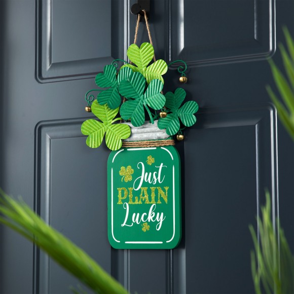 Glitzhome Glitzhome 16"H St. Patrick's Wooden/Metal Mason Jar With Shamrock Door Hanger