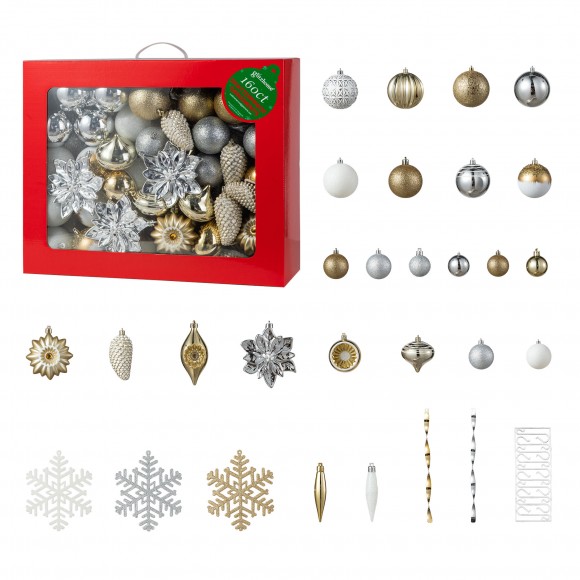 glitzhome Glitzhome 160ct Christmas Elegant Silver & Gold Deluxe Boxed Shatterproof Ornaments