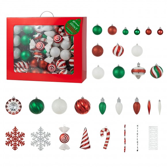 glitzhome Glitzhome 160ct Christmas Whimsical Red & Green Deluxe Boxed Shatterproof Ornaments