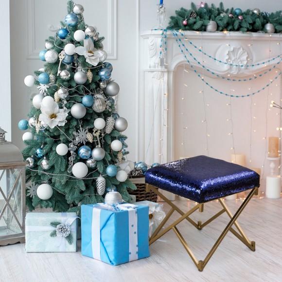 Glitzhome Glitzhome 17.30"H Sapphire Blue And Gold Shimmering Sequin Stool With Metal Gold Legs