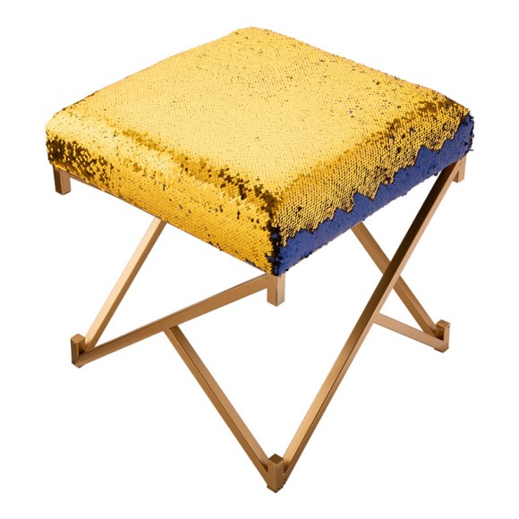 Glitzhome Glitzhome 17.30"H Sapphire Blue And Gold Shimmering Sequin Stool With Metal Gold Legs