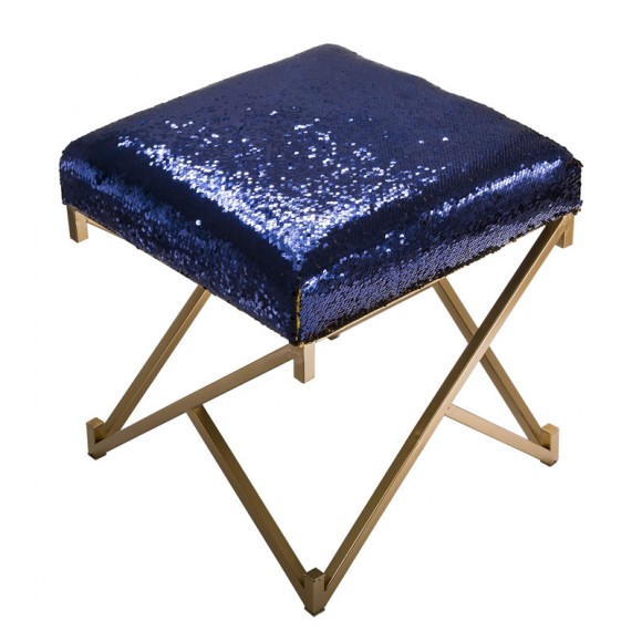 glitzhome Glitzhome 17.30"H Sapphire Blue and Gold Shimmering Sequin Stool with Metal Gold legs