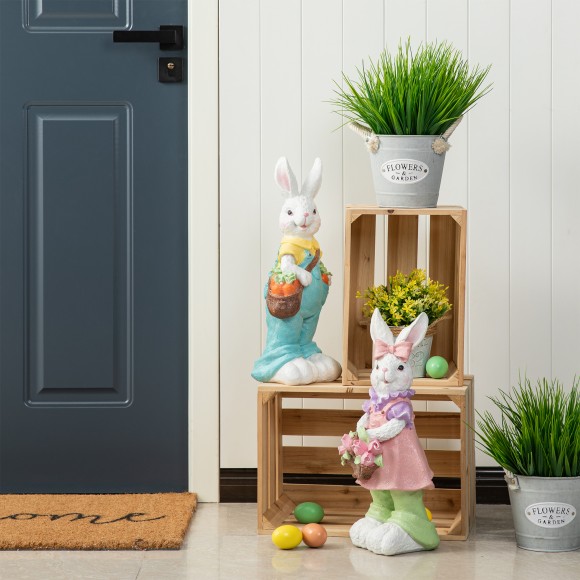 Glitzhome Glitzhome 17.5"H Easter Resin Bunny Girl Table Decor With Flower Basket