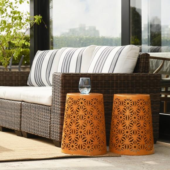 Glitzhome Glitzhome 17.5"H Set Of 2 Multi-Functional Orange Iron Cutout Geometric Pattern Solar Powdered Garden Stool Or Planter Stand Or Accent Table Or Lantern