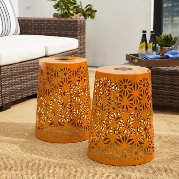 Glitzhome Glitzhome 17.5"H Set Of 2 Multi-Functional Orange Iron Cutout Geometric Pattern Solar Powdered Garden Stool Or Planter Stand Or Accent Table Or Lantern