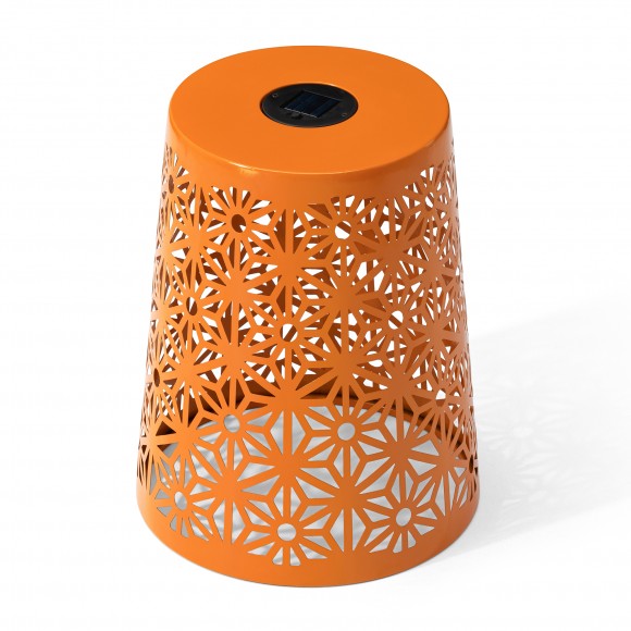 Glitzhome Glitzhome 17.5"H Set Of 2 Multi-Functional Orange Iron Cutout Geometric Pattern Solar Powdered Garden Stool Or Planter Stand Or Accent Table Or Lantern