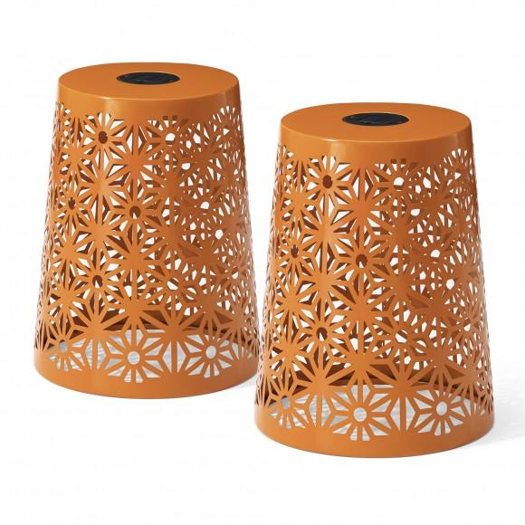 glitzhome Glitzhome 17.5"H Set of 2 Multi-Functional Orange Iron Cutout Geometric Pattern Solar Powdered Garden Stool or Planter Stand or Accent Table or Lantern
