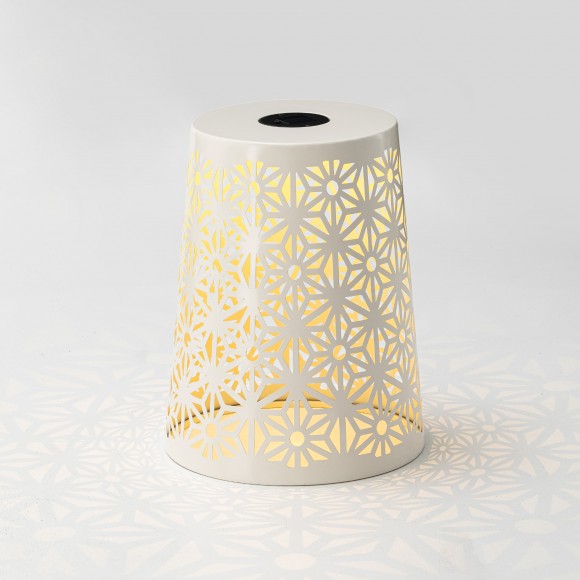 Glitzhome Glitzhome 17.5"H Set Of 2 Multi-Functional White Iron Cutout Geometric Pattern Solar Powdered Garden Stool Or Planter Stand Or Accent Table Or Lantern