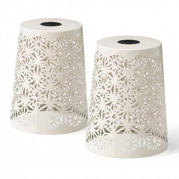 glitzhome Glitzhome 17.5"H Set of 2 Multi-Functional White Iron Cutout Geometric Pattern Solar Powdered Garden Stool or Planter Stand or Accent Table or Lantern