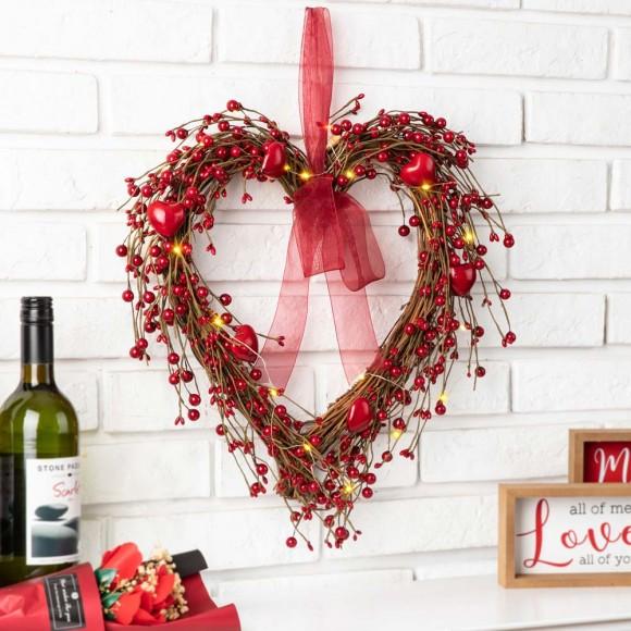Glitzhome Glitzhome 17"H Valentine's Day Heart-shaped Lighted Berry Wreath