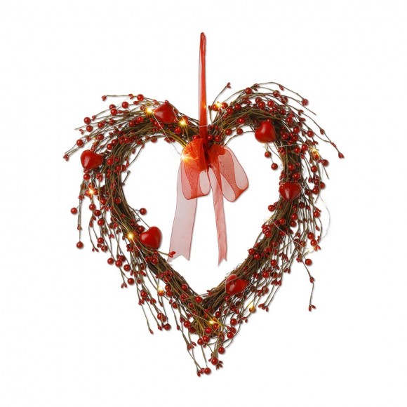 glitzhome Glitzhome 17"H Valentine's Day Heart-shaped Lighted Berry Wreath