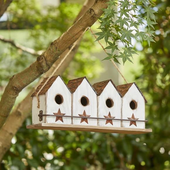 Glitzhome Glitzhome 17"L Washed White Distressed Solid Wood 4-Room Villa Garden Birdhouse With Perch (KD)