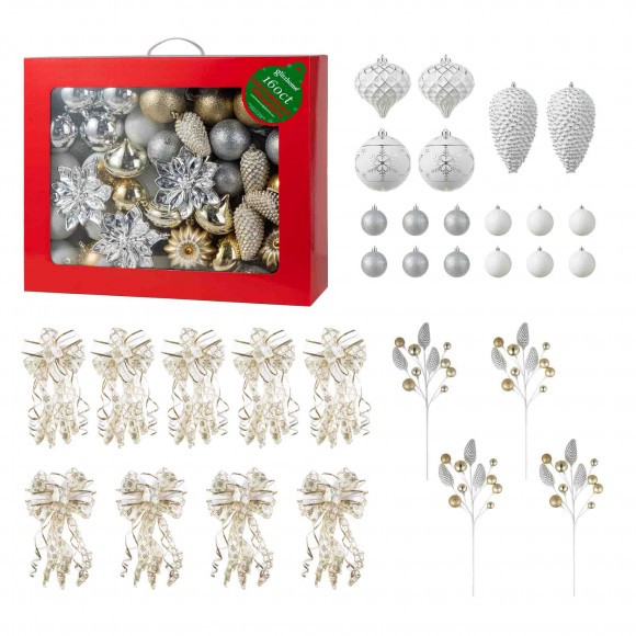 glitzhome Glitzhome 178ct Christmas Elegant Silver & Gold Shatterproof Ornaments with Matched Pinecone Picks and Ribbon Bow Sets