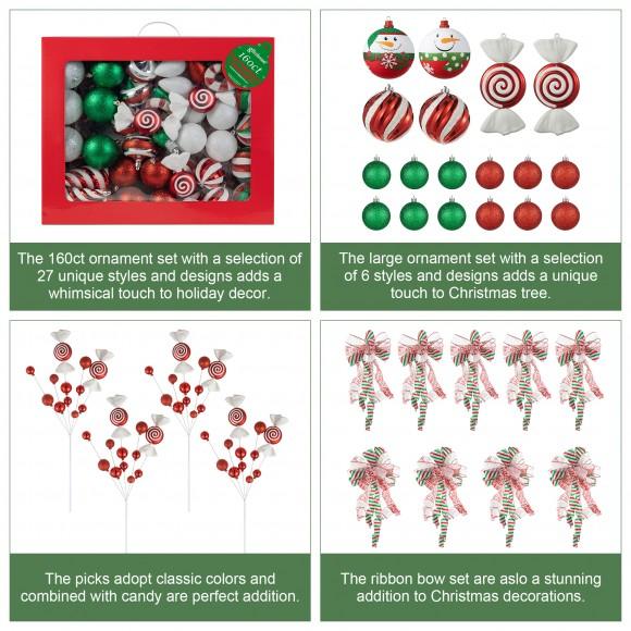Glitzhome Glitzhome 178ct Christmas Whimsical Red & Green Shatterproof Ornaments With Matched Candy Picks And Ribbon Bow Sets