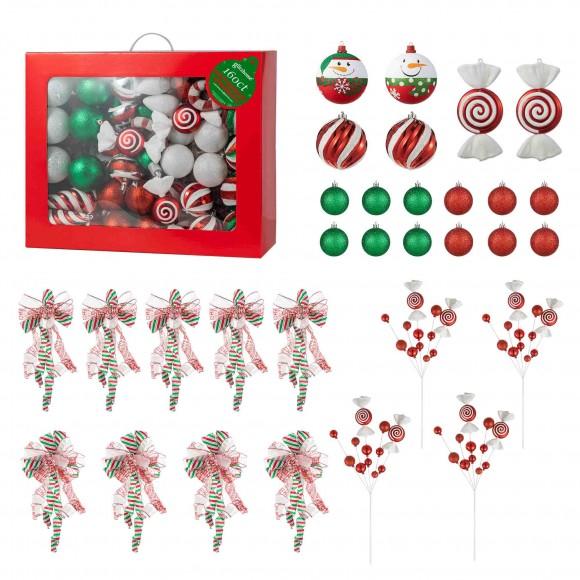 glitzhome Glitzhome 178ct Christmas Whimsical Red & Green Shatterproof Ornaments with Matched Candy Picks and Ribbon Bow Sets