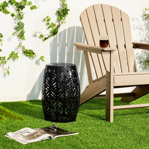 Glitzhome Glitzhome 18.25"H Multi-Functional Black Iron Cutout Leaf Pattern Drum Silhouette Solar Powdered Garden Stools Or Planter Stand Or Accent Table Or Side Table