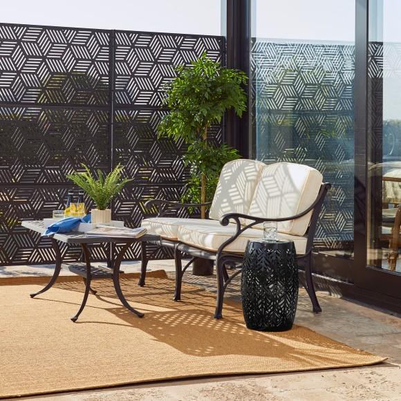 Glitzhome Glitzhome 18.25"H Multi-Functional Black Iron Cutout Leaf Pattern Drum Silhouette Solar Powdered Garden Stools Or Planter Stand Or Accent Table Or Side Table