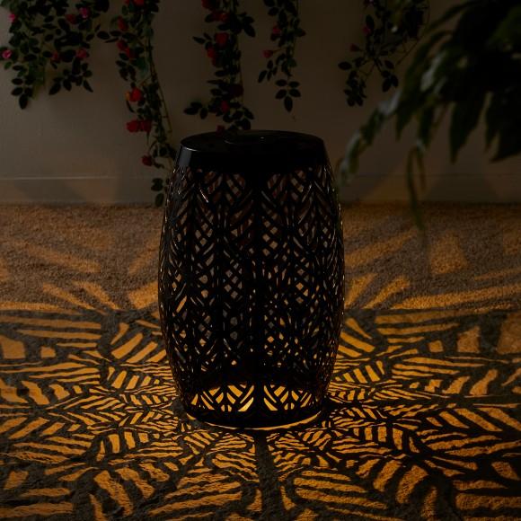 Glitzhome Glitzhome 18.25"H Multi-Functional Black Iron Cutout Leaf Pattern Drum Silhouette Solar Powdered Garden Stools Or Planter Stand Or Accent Table Or Side Table