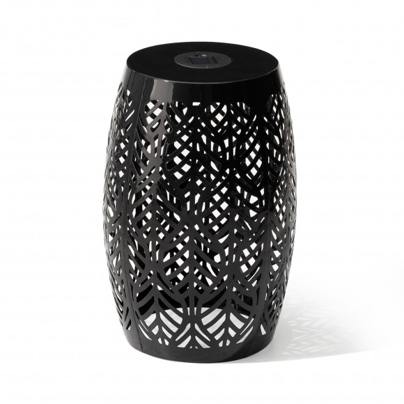 glitzhome Glitzhome 18.25"H Multi-Functional Black Iron Cutout Leaf Pattern Drum Silhouette Solar Powdered Garden Stools or Planter Stand or Accent Table or Side Table