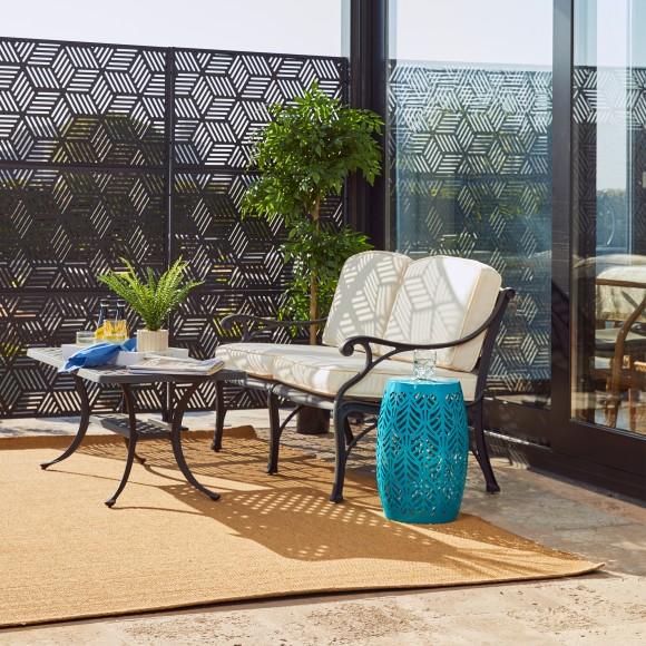 Glitzhome Glitzhome 18.25"H Multi-Functional Blue Iron Cutout Leaf Pattern Drum Silhouette Solar Powdered Garden Stool Or Planter Stand Or Accent Table Or Lantern