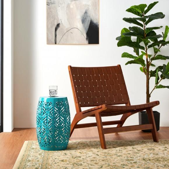 Glitzhome Glitzhome 18.25"H Multi-Functional Blue Iron Cutout Leaf Pattern Drum Silhouette Solar Powdered Garden Stool Or Planter Stand Or Accent Table Or Lantern