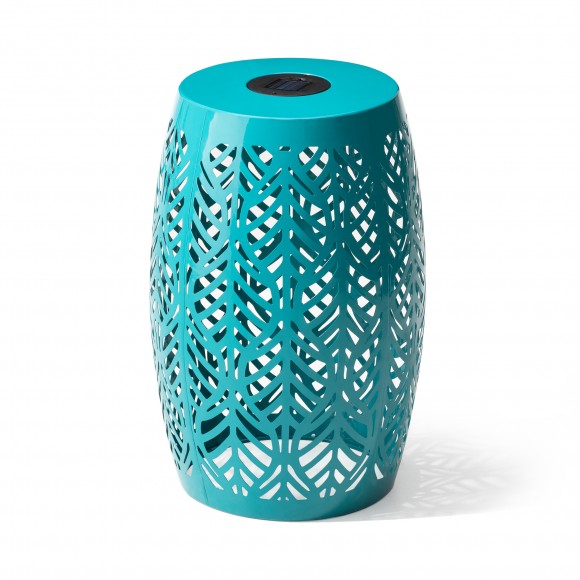 glitzhome Glitzhome 18.25"H Multi-Functional Blue Iron Cutout Leaf Pattern Drum Silhouette Solar Powdered Garden Stool or Planter Stand or Accent Table or Lantern