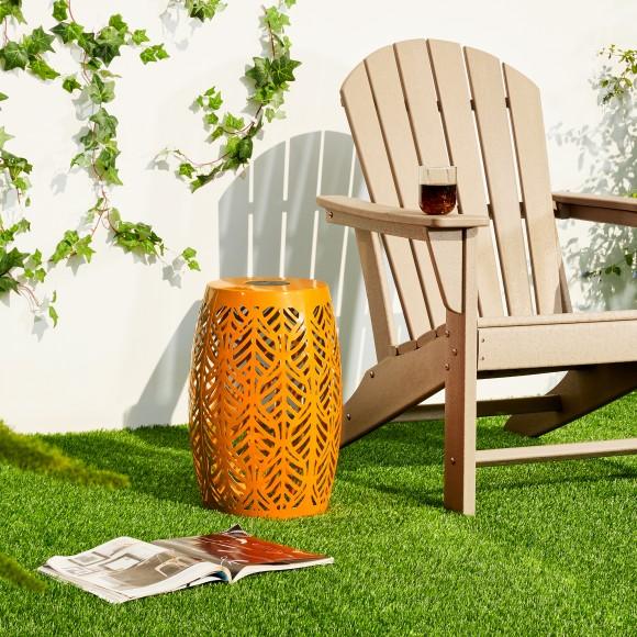 Glitzhome Glitzhome 18.25"H Multi-Functional Orange Iron Cutout Leaf Pattern Drum Silhouette Solar Powdered Garden Stools Or Planter Stand Or Accent Table Or Side Table